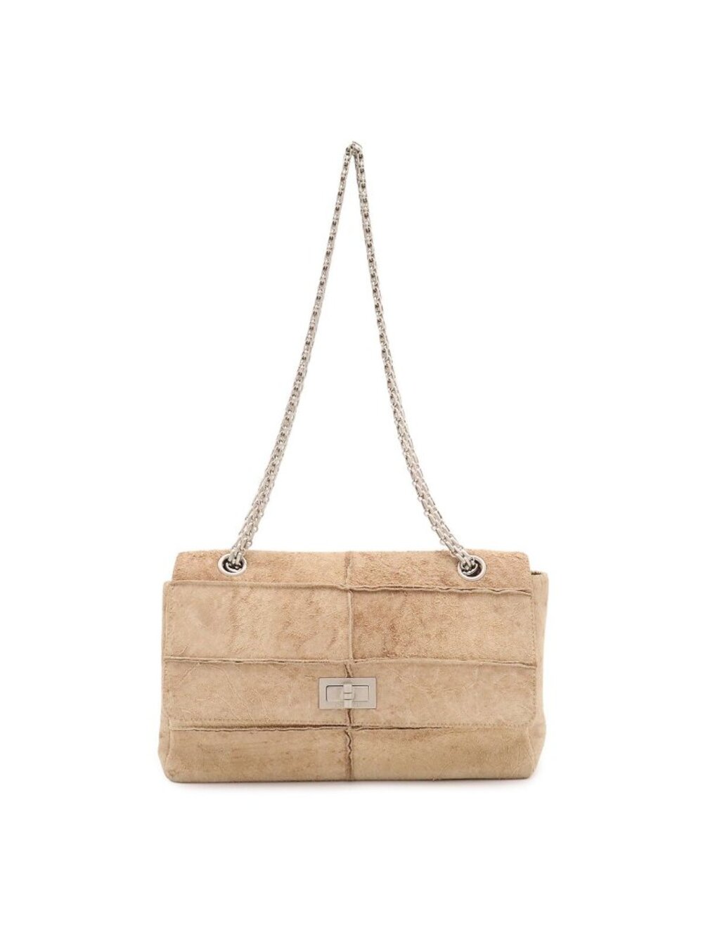Chanel 2.55 Patchwork Chain Shoulder Bag Suede Beige Silver